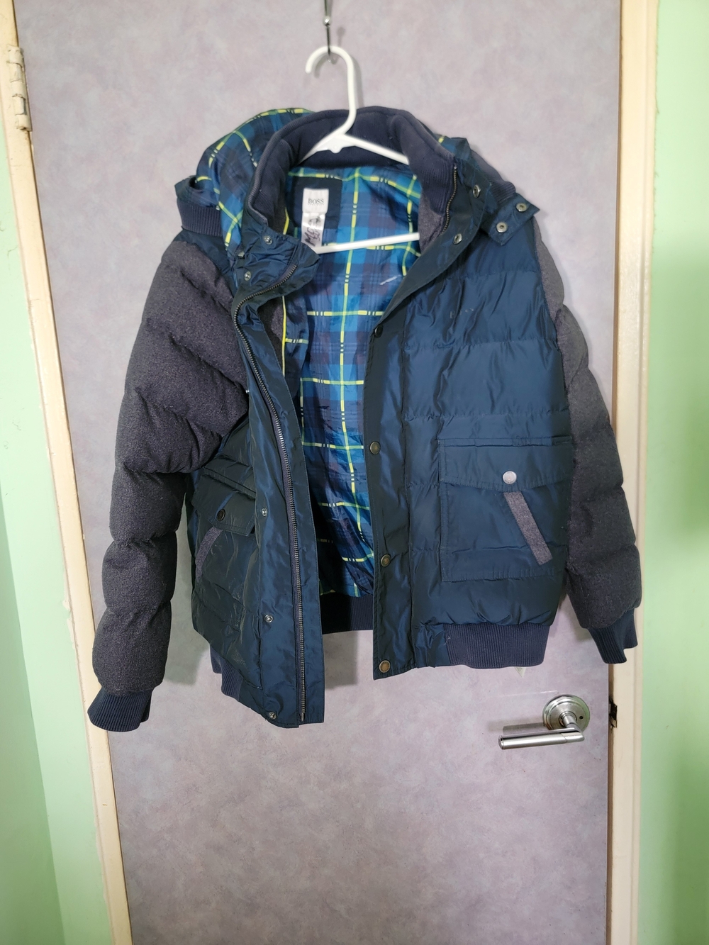 Hugo Boss Navy Jacket with Blue and Green Plaid Lining